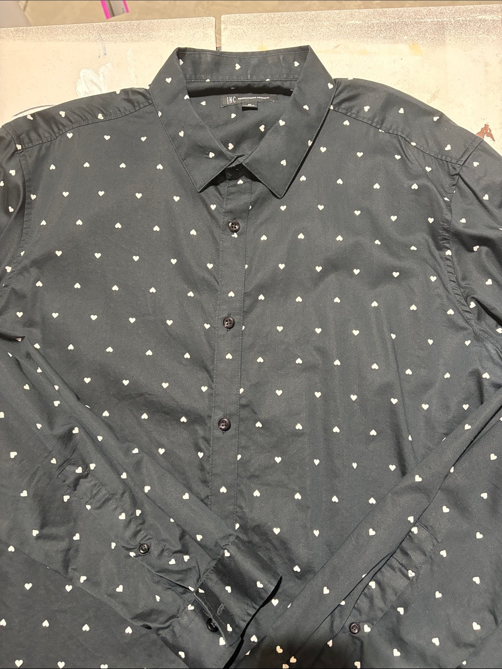 INC International Concepts Black Button-Down Shirt with White Heart Print. XL